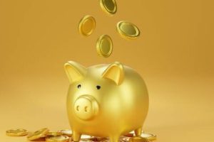 Piggy bank with stacking coins with falling gold coins on a blue background, saving and business investment concept, 3D render illustration